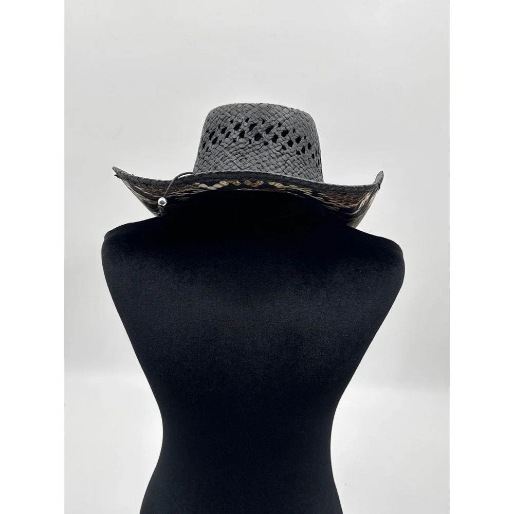 CSI Black Straw Cowboy Hat Snakeskin Print Brim Beaded Band Western Festival OS
